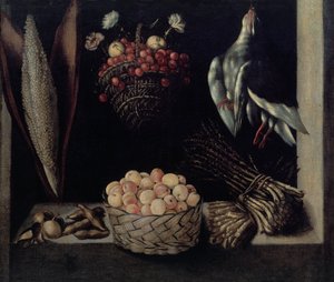 Fruitschaal met een mand kersen en een mand abrikozen door Unbekannt Unbekannt